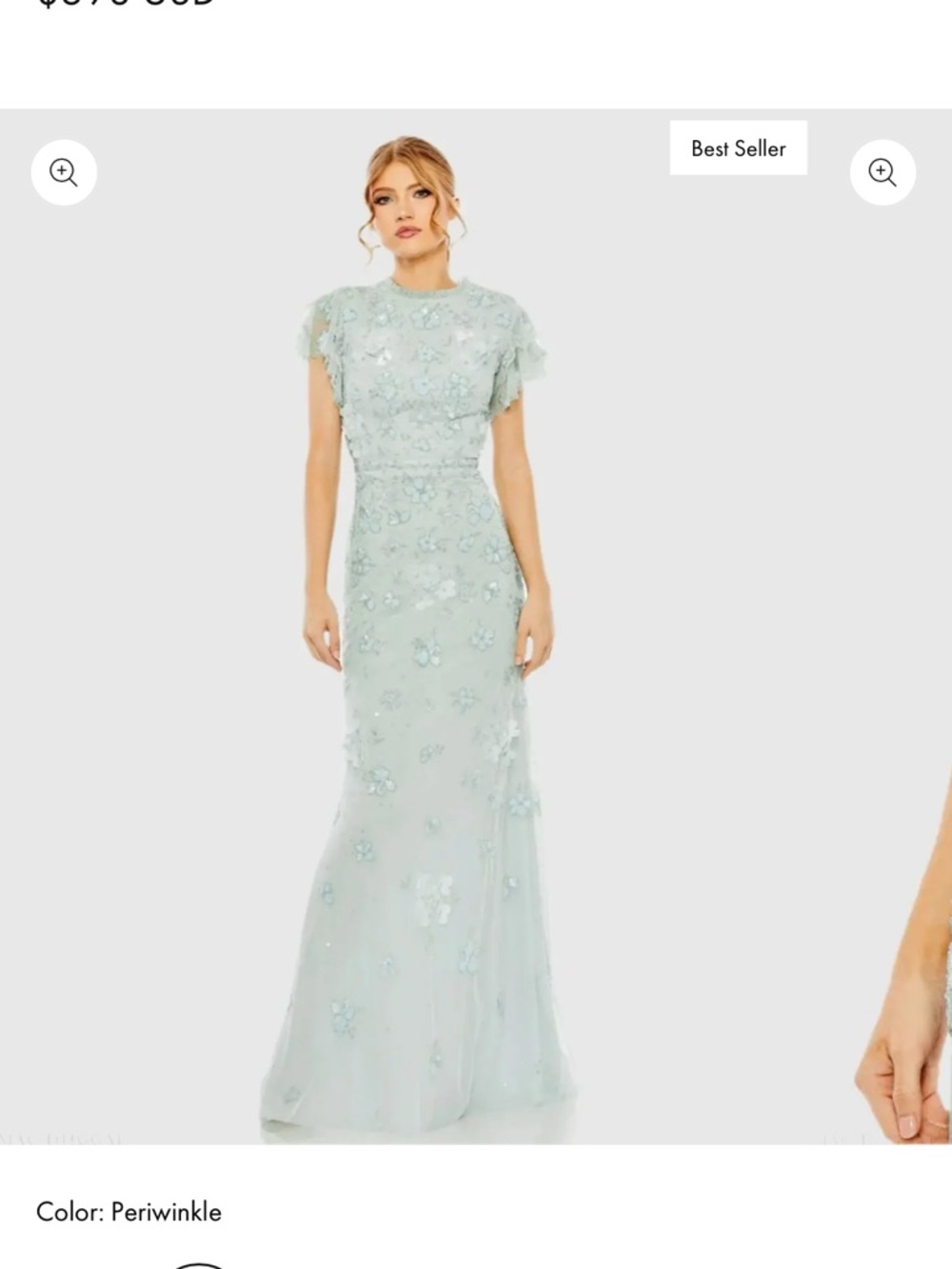 Mac Duggal Blue Floral Embellished High Neck Flutter Sleeve Gown